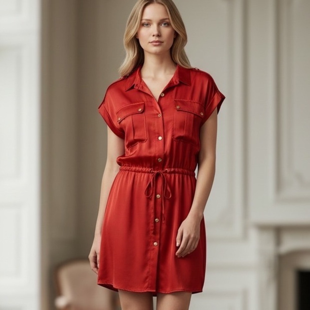 Ramy Brook NEW Vlada Satin Cargo Mini Grenadine Utility Dress Drawstring Waist L